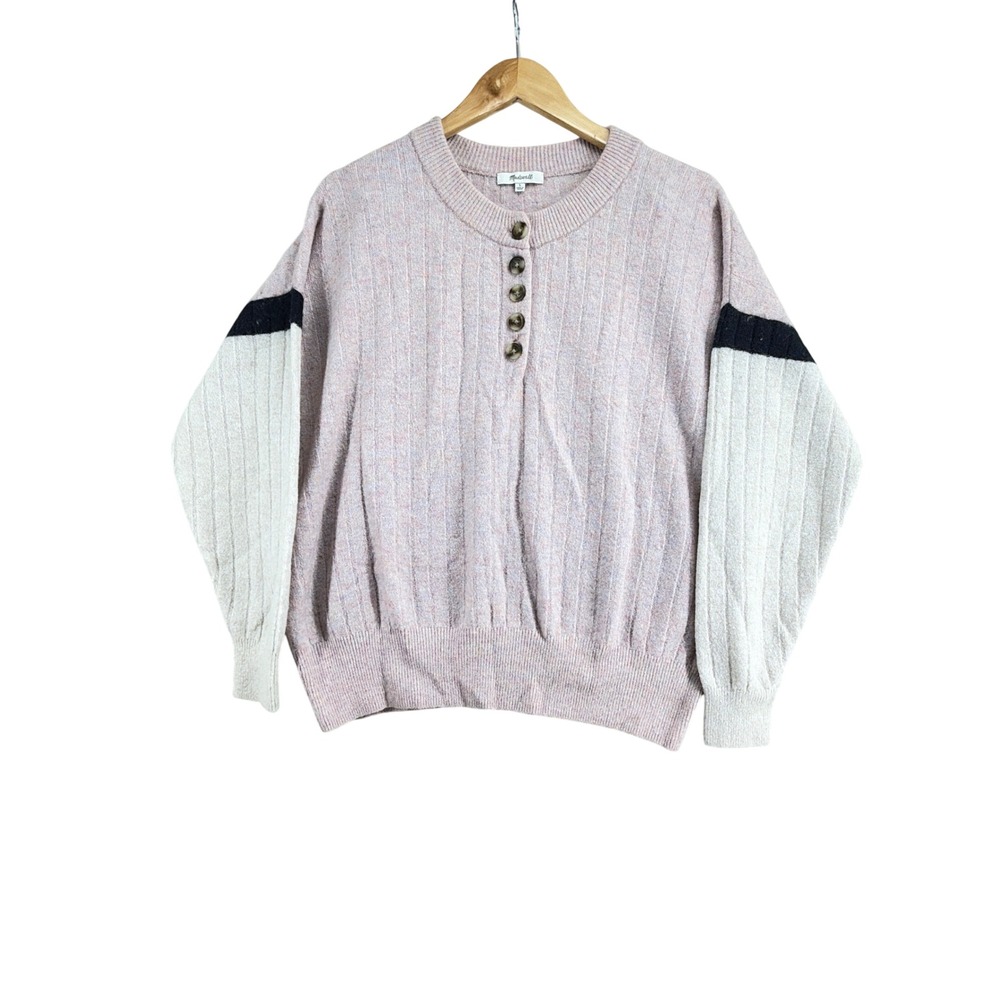 Madewell Pink Marl Colorblock Henley Ribbed Sweater Merino Wool Alpaca Large